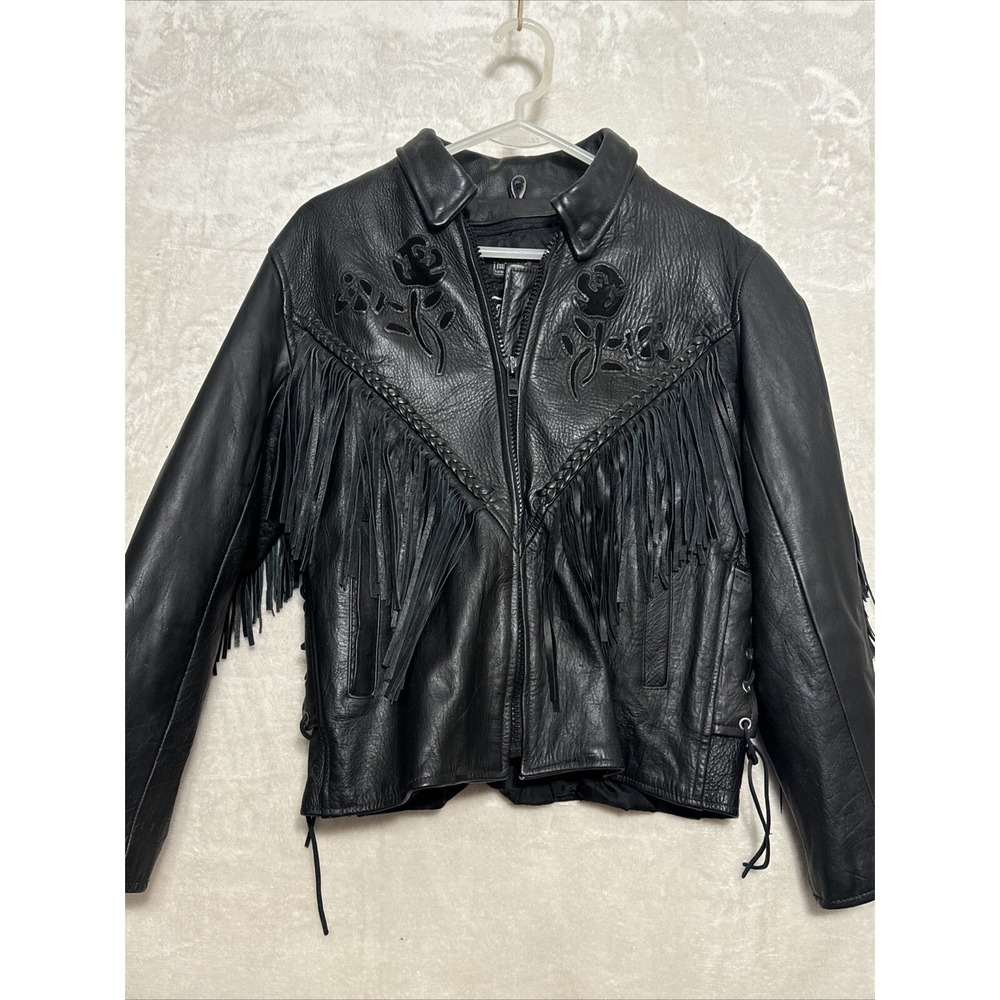 A-1 Women's Leather Jacket Size L Roses with Fringe Biker Black